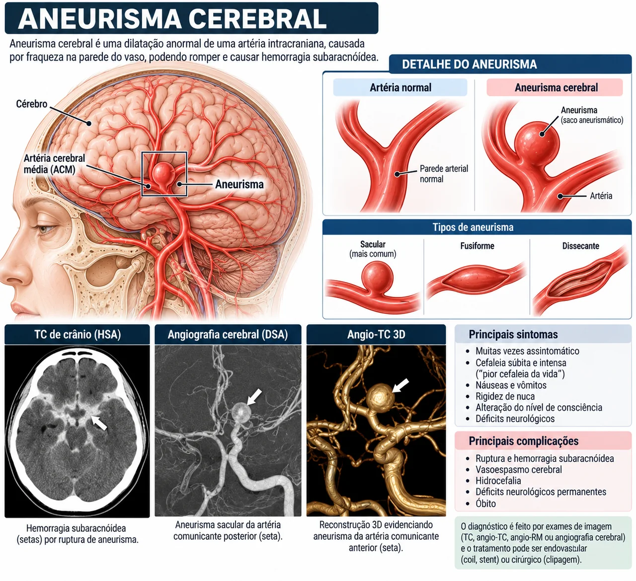 Aneurisma na artéria cerebral média, comparação entre artéria normal e dilatada, os três tipos de aneurisma, e exames de tomografia, angiografia e angio-TC em 3D.