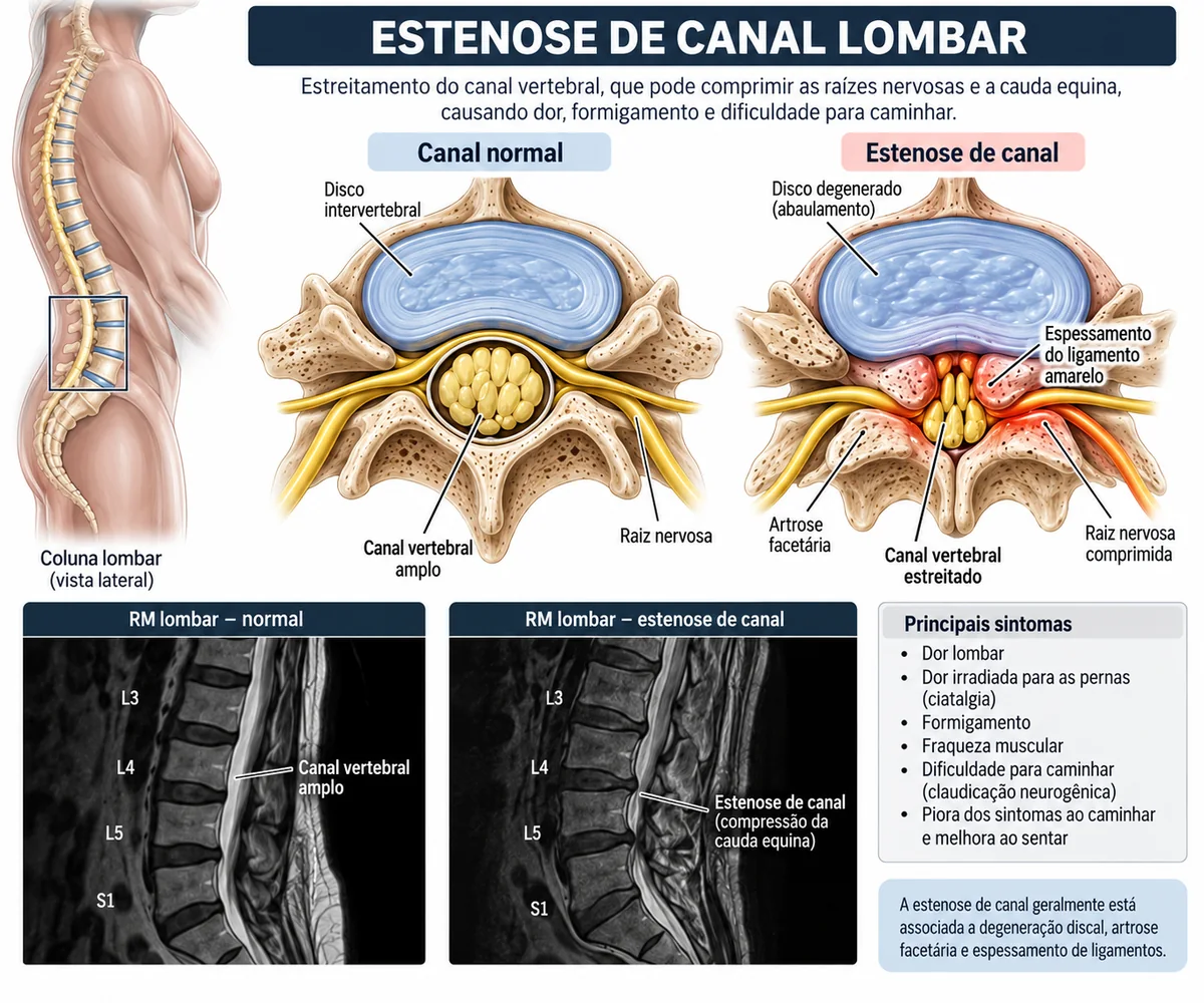 Comparação entre canal vertebral amplo e canal estreitado, com espessamento do ligamento amarelo, artrose facetária e raiz nervosa comprimida, ao lado de ressonâncias lombares normal e com estenose.