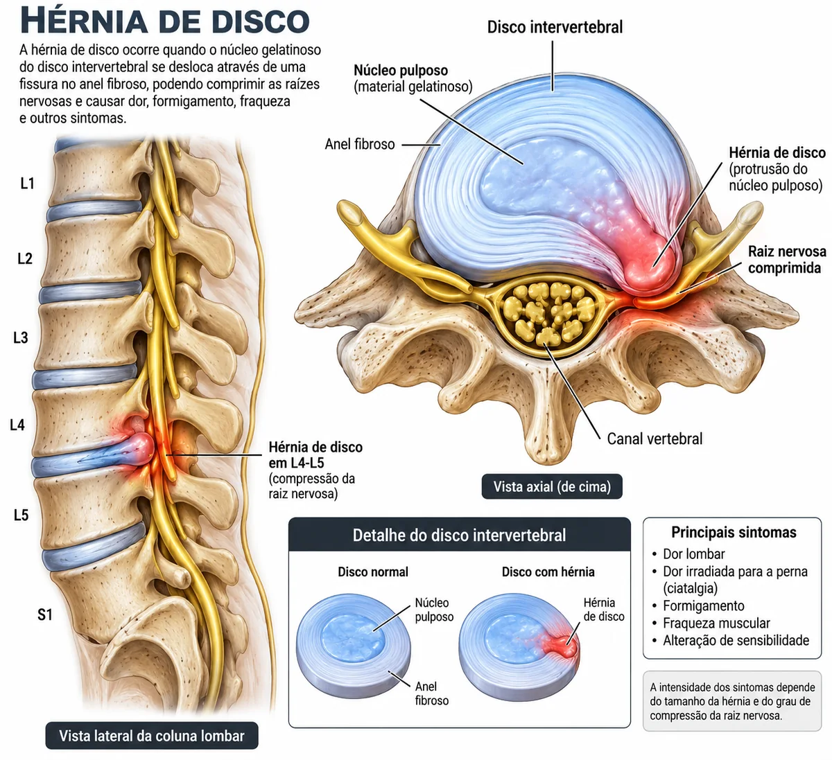 Ilustração da coluna lombar em vista lateral e em corte axial, mostrando o núcleo do disco deslocado através do anel fibroso e comprimindo a raiz nervosa em L4-L5.