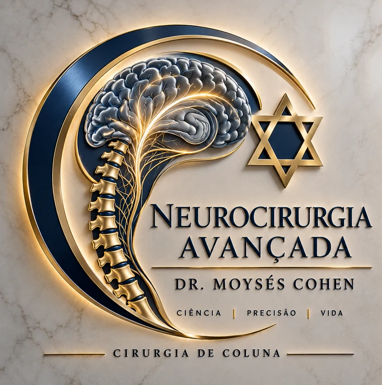 Logotipo: Neurocirurgia Avançada — Dr. Moysés Cohen — Ciência, Precisão, Vida — Cirurgia de Coluna.