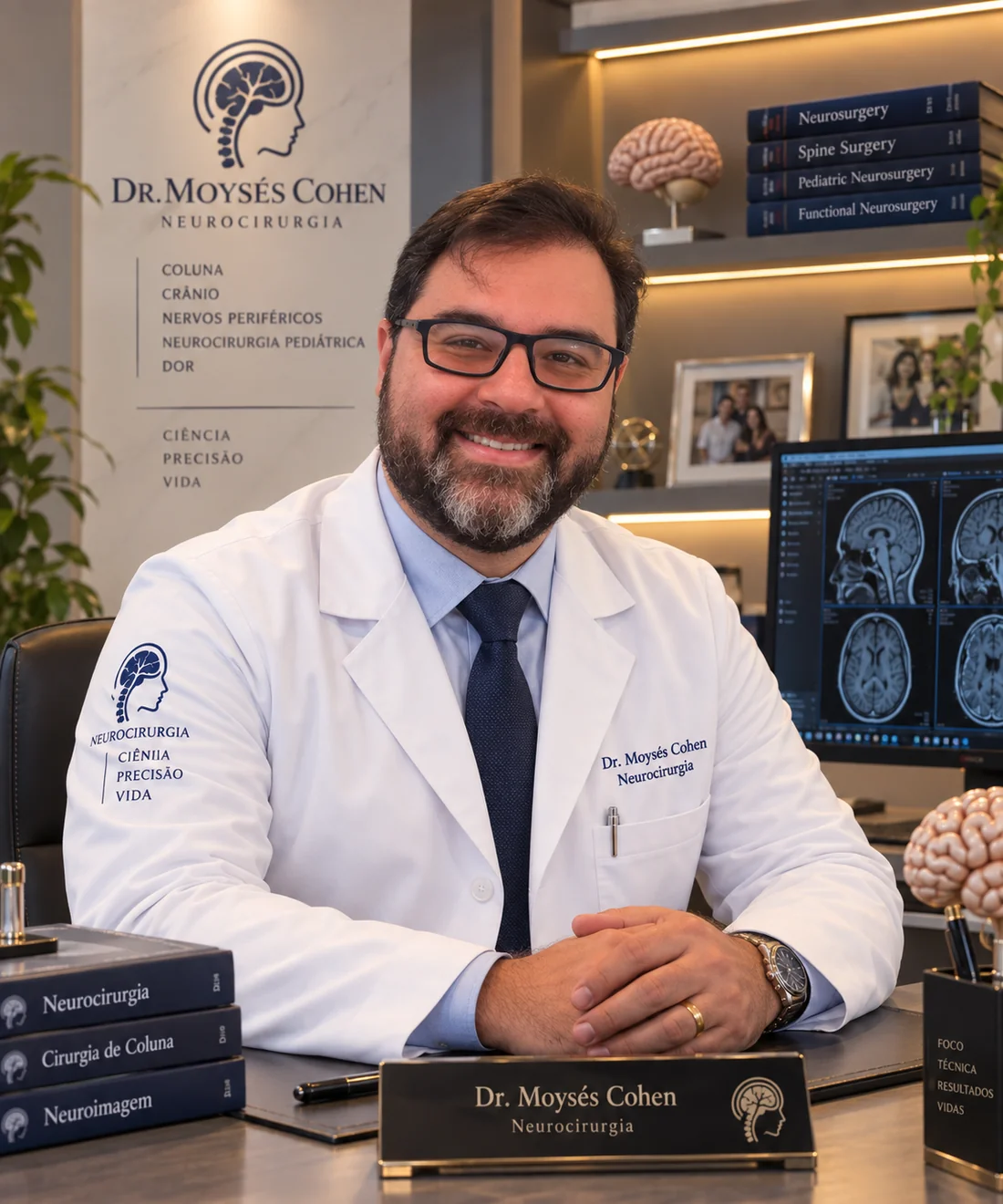 Consultório do Dr. Moysés Isaac Cohen, com estação de laudo e imagens de ressonância na tela.