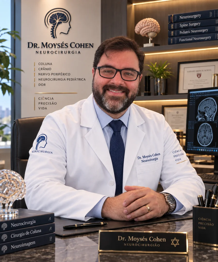 Dr. Moysés Isaac Cohen em seu consultório, de jaleco branco, com a identidade visual na parede ao fundo.