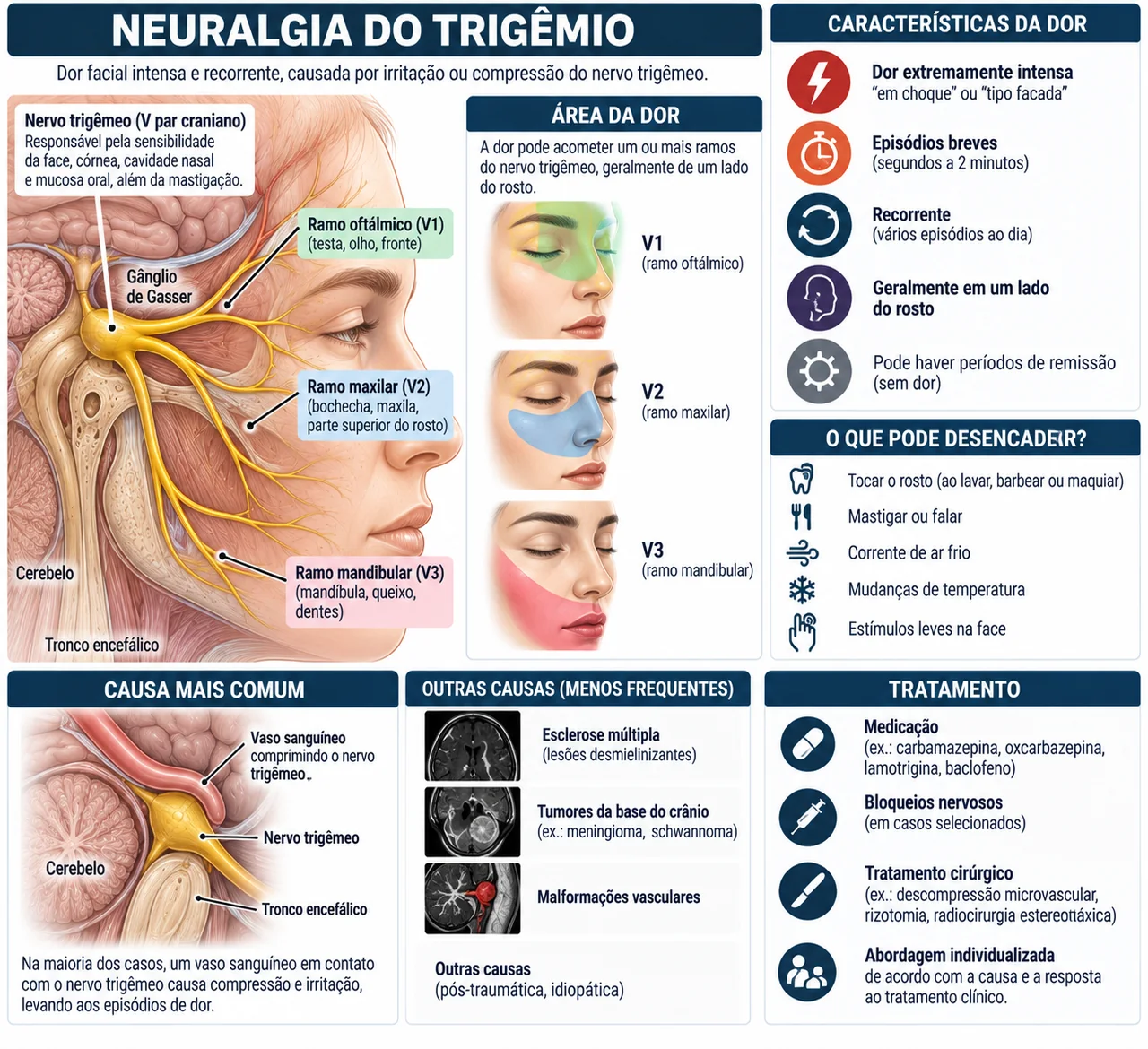 Trajeto do nervo trigêmeo a partir do gânglio de Gasser e seus três ramos, o mapa da face correspondente a V1, V2 e V3, o vaso sanguíneo comprimindo o nervo junto ao tronco encefálico, e as opções de tratamento.