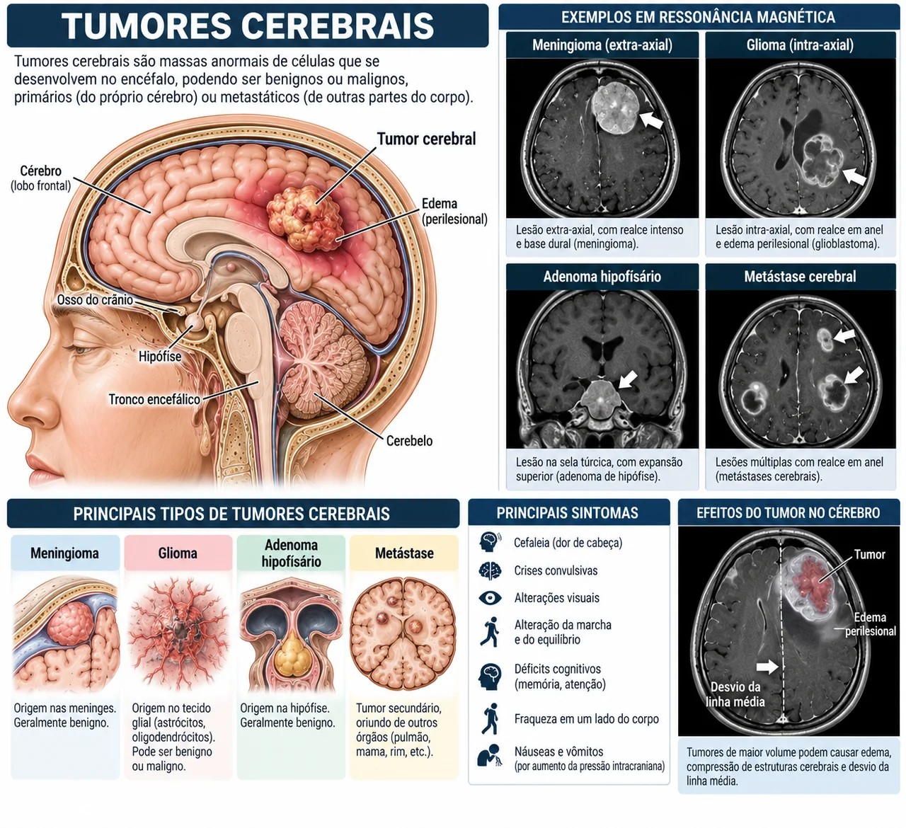 Corte da cabeça com um tumor no lobo frontal e edema ao redor, exemplos de ressonância de meningioma, glioma, adenoma hipofisário e metástase, os quatro tipos principais de tumor e o desvio da linha média.