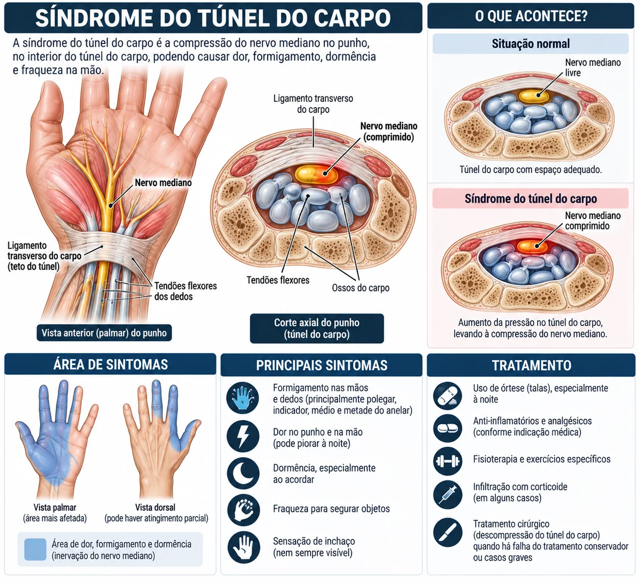 Vista palmar do punho com o nervo mediano e o ligamento transverso, corte axial do túnel do carpo com o nervo comprimido entre os tendões e o ligamento, e o mapa da mão com a área de formigamento.